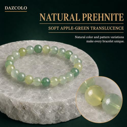 8mm Natural Crystal Stretch Bracelet | Handmade Round Stone Bead Bracelet, Runs Large, Meditation Yoga Gift for Women & Men - color: Prehnite
