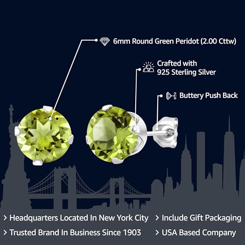 Gem Stone King 2.00 Cttw Green Peridot Stud Earrings For Women Men | 925 Sterling Silver | Gemstone Birthstone | Round 6MM