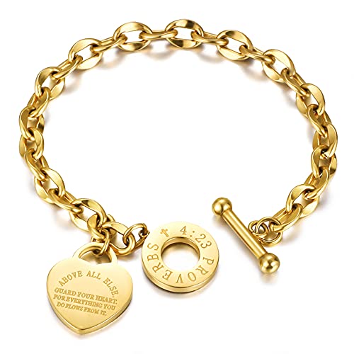 Emibele Heart Charm Bracelet for Women, Bible Verse Bracelet Stainless Steel 18K Gold Plated Bracelet Love Pendant Link Chain OT Clasp, Birthday Christmas Jewelry Gift for Mother Her - color: 18K Gold Plated