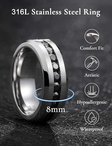 King Will 316L Stainless Steel Wedding Band for Men Cubic Zirconia Inlay | Silver-Tone, 6/7/8mm, Comfort Fit, Durable, Zirconia inlay, Promise Gift - color: Steek-Black-8mm