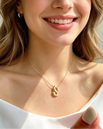 Gold Initial Necklace for Teen Girls Women Letter necklaces Jewelry Gifts | Gifts for Girls Women, Teen Girl Gifts Trendy Stuff, Bubble Letter Pendant Necklace - style: M