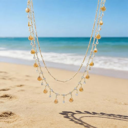 Layered Shell Necklace for Women Gold Seashell Charm Necklace with Crystal Style Drops Tropical Beach Vacation Jewelry Summer Outfit Accessories for Dresses Swimsuits Cruises and Gifts - color: A2:shell necklace