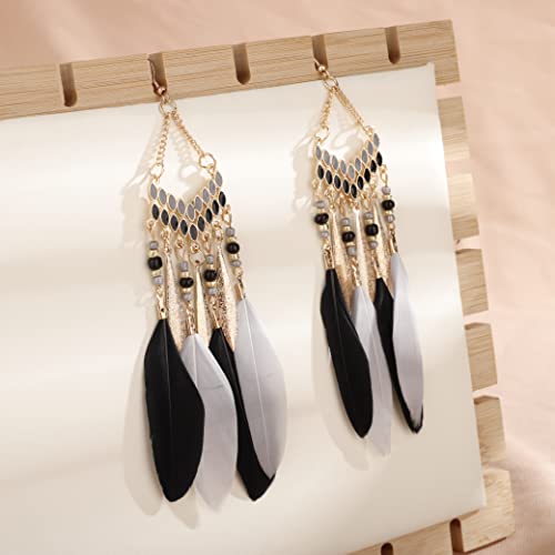 Gold Long Black Fake Feather Drop Dangle Earrings Women Statement Tassel Ethnic Beaded Earrings Hook Lightweight Boho Earrings Set Vintage Dangle Earrings Gift for Women（Black）