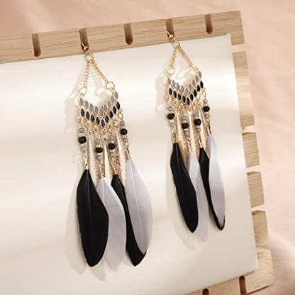 Gold Long Black Fake Feather Drop Dangle Earrings Women Statement Tassel Ethnic Beaded Earrings Hook Lightweight Boho Earrings Set Vintage Dangle Earrings Gift for Women（Black）