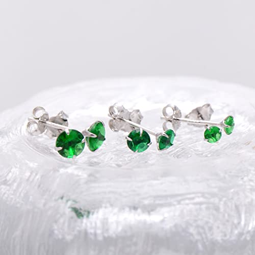3 Pairs Color Zirconia Earrings Studs, Sterling Silver Studs Earrings Set 3MM 4MM 5MM - color: Green