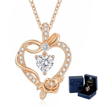Heart Birthstone Necklace, LED Gift Box | Heart birthstone necklace with rose CZ pendant and LED gift box, ready-to-gift birthday gift for mom, wife, grandma, sister - color: Rose Gold 04-Apr White