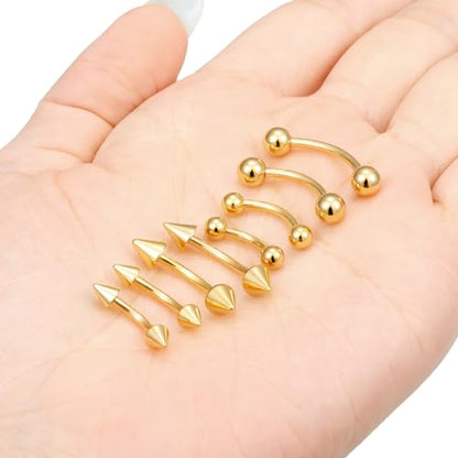 14G Snake Eyes Piercing Jewelry Tongue Curved Barbell Surgical Steel Belly Button Ring Eyebrow Piercing Jewelry Vertical Labret Lip Jewelry for Women Men Bar Length 8mm 10mm 12mm 14mm - color: 8pcs,14g,ball+spike,goldtone