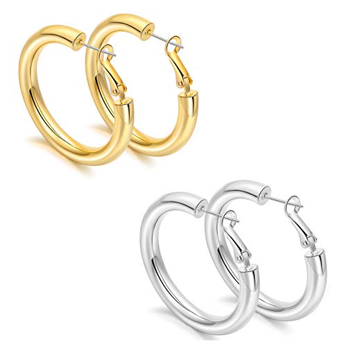 sovesi Chunky Hoop Earrings for Women, 14K Gold Plated Thick Hoops | 5mm Thick Hollow Tube Chunky Lightweight Hypoallergenic Hoop Earrings for Women - style: Gold and Silver 40MM