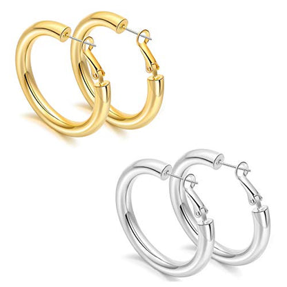sovesi Chunky Hoop Earrings for Women, 14K Gold Plated Thick Hoops | 5mm Thick Hollow Tube Chunky Lightweight Hypoallergenic Hoop Earrings for Women - style: Gold and Silver 40MM