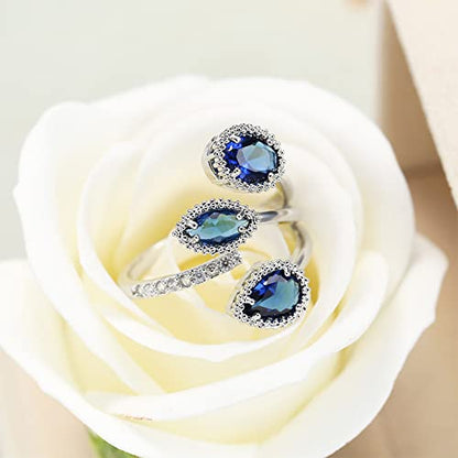 Kokoma Shiny Diamond Teardrop Open Statement Ring for Women Girls Rhinestone CZ Crystal Leaf Climber Wrap Finger Band Engagement Promise Rings Bands Fashion Jewelry Gifts for Mother's Day - color: Blue