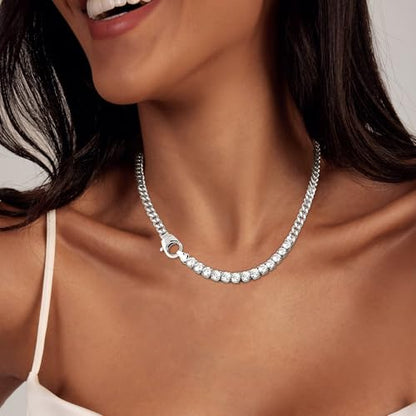 Zeffy 14K Gold/Silver Plated Chunky Thick Chain Toggle Clasp Necklace Dainty Baroque Pearl/Heart/Cross/Turquoise Pendant Necklace - color: Silver CZ Cuban Link