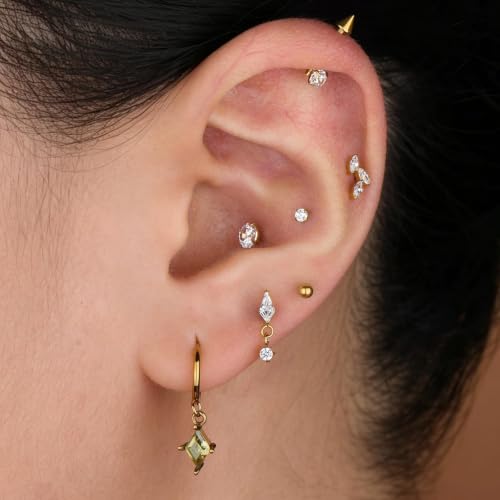 Surgical Steel Hoop Earrings for Women - Hypoallergenic Small Cartilage Huggies with Cubic Zirconia Dangle - color: Olive Green-18K Gold Plated