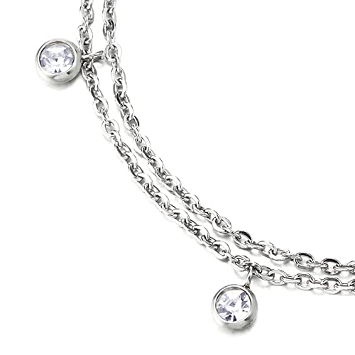 Women's Stainless Steel Double Layer Anklet Bracelet with Crystal Charms, Dainty Chain, Minimalist Summer Beach Jewelry Gift for Her