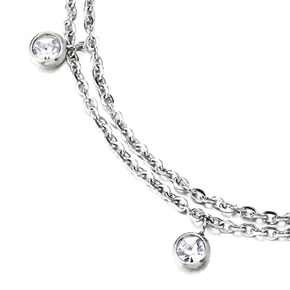 Women's Stainless Steel Double Layer Anklet Bracelet with Crystal Charms, Dainty Chain, Minimalist Summer Beach Jewelry Gift for Her