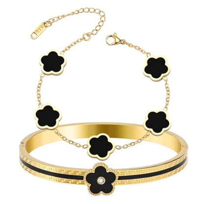 2pcs Stackable Bangle Bracelets 18K Gold Plated Lucky Clover Bracelet Stainless Steel Clover Jewelry Set Fashion Birthday Gifts for Women - color: Gold Black Stackable Bracelets