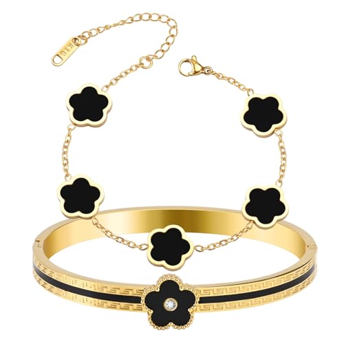 2pcs Stackable Bangle Bracelets 18K Gold Plated Lucky Clover Bracelet Stainless Steel Clover Jewelry Set Fashion Birthday Gifts for Women - color: Gold Black Stackable Bracelets