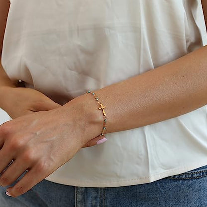 18K Gold Plated Pearl Beaded Cross Bracelets for Women Adjustable Stainless Steel Dainty Thin Gold Box Cuban Twisted Link Chain Bracelet Bridesmaid Jewelry Gifts - color: Green Cross-Gold