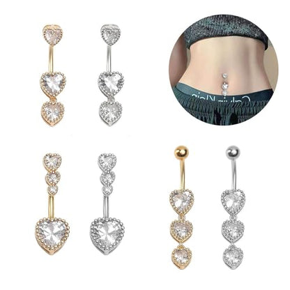 3Pcs 14G Stainless Steel Dangle Belly Button Rings Cubic Zirconia Heart Star Round Belly Navel Barbell Rings Belly Piercing Jewelry for Women - style: Gold Heart