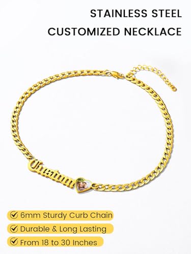 GoldChic JEWELRY Name Necklace Personalized for Men, Womens Custom Name Plate Chain, Stainless Steel Customized Old English Nameplate Choker with Curb Chains Custom, 16 inches to 30 inches - color: Photo & Cuban Chain 6 mm -Gold