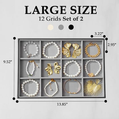 Large Jewelry Organizer Tray, Stackable Jewelry Storage Holder PU Leather Velvet Jewellery Display Case for Stud Earring Bracelet Necklace Ring (Black Gray, 12 Grids) - color: Black Gray