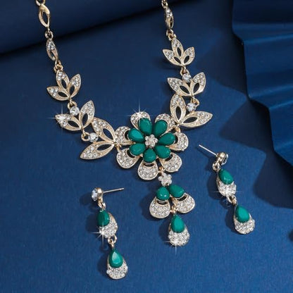 Wedding Jewelry Sets for Brides Rhinestone Necklace and Earring Set Bracelet Ring Gold Silver Prom Jewelry Sets Diamond Flower Teardrop Necklace for Women - color: Style3-Green