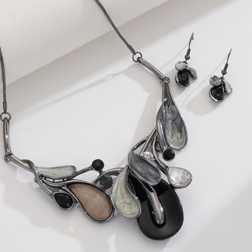 Chunky Statement Jewelry Set Vintage Retro Leaf Flower Floral Geometric Bohemian Boho Bib Necklace Earring Set Fashion Costume Jewelry for Women Girls Wedding Party Prom Unique Gift - style: teardrop leaf-black grey