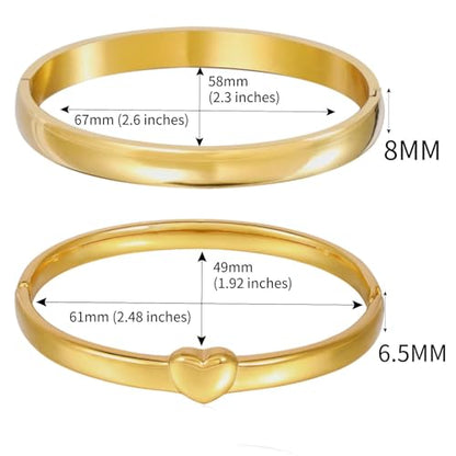 Stainless Steel Gold Bracelet Plain Polished Finish Oval Bangle Chinky Thick Bracelets for Women Love Heart Shape Charms Pendnat Bracelet Cuff Gifts for Her