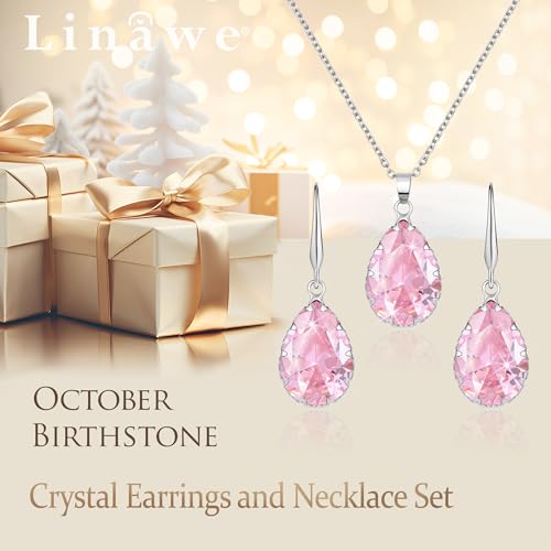 Linawe Crystal Jewelry Sets for Women, Imitation Diamond Pendant Necklace, Rhinestone Drop Dangle Earrings, Birthstone Cubic Zirconia Matching Wedding Jewelry, 14K Gold/Rose Gold/Silver Tones - color: Silver,Pink,Oct