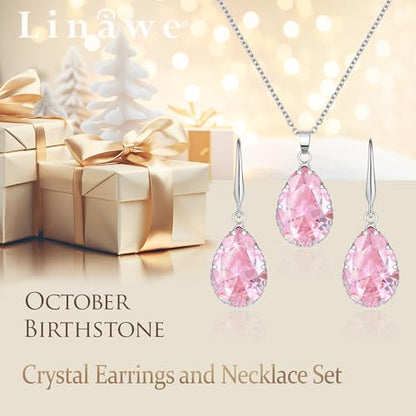 Linawe Crystal Jewelry Sets for Women, Imitation Diamond Pendant Necklace, Rhinestone Drop Dangle Earrings, Birthstone Cubic Zirconia Matching Wedding Jewelry, 14K Gold/Rose Gold/Silver Tones - color: Silver,Pink,Oct