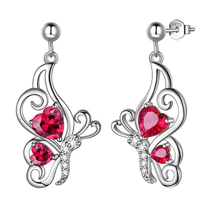 Butterfly Heart Necklace Birthstone Pendant Necklace Earrings Bracelet Women 925 Sterling Silver Animal Butterflies Birthstone Pendant Crystal Birthday Jewelry Wedding Gift - color: G.July-earrings