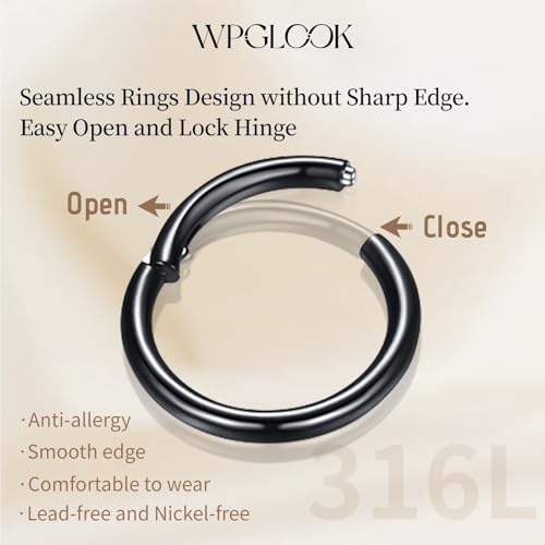 2Pcs Nose Ring Hoop Set: 14G 16G 18G 20G 316L Surgical Steel Septum Rings Hypoallergenic Body Jewelry 6/7/8/9/10/12MM Cartilage Earrings for Women Men - color: Black-Single+Single CZ