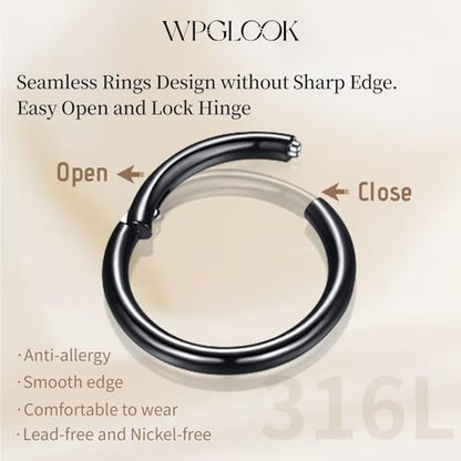 2Pcs Nose Ring Hoop Set: 14G 16G 18G 20G 316L Surgical Steel Septum Rings Hypoallergenic Body Jewelry 6/7/8/9/10/12MM Cartilage Earrings for Women Men - color: Black-Single+Single CZ