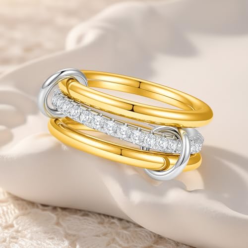 Cicy Bell Interlocking Ring for Women 18k Gold Plated CZ Stack Ring Set - color: Style C-Gold, size: 6
