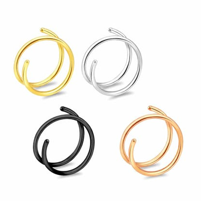 Renkovte Double Nose Ring for Single Piercing,20G Snug Spiral Nose Rings Hoops 8mm Thin Nose Piercing Jewelry for Women - style: Left Side 4PCS 8mm