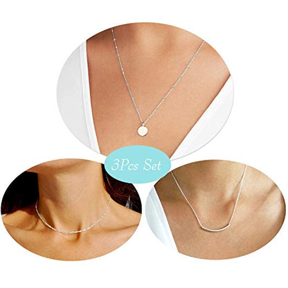 Aisansty Dainty Layered Choker Necklaces Handmade Coin Tube Star Pearl Pendant Multilayer Adjustable Layering Chain Gold Plated Necklaces Set for Women - color: Silver, style: Silver Coin&Bar