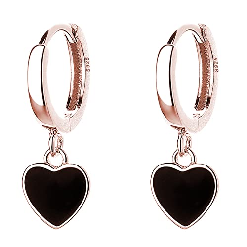 SLUYNZ Sterling Silver Black Heart Hoop Earrings for Women Teens Love Heart Hoop Earrings Huggie - color: C-Rose Color