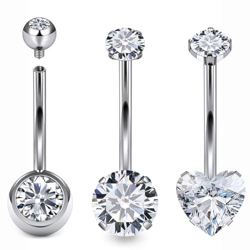 Belly Button Rings Surgical Steel Internally Threaded Belly Button Ring 10MM/12MM/14MM/16MM Navel Rings for Women Clear CZ 14G Long Bar Navel Piercing Jewelry - color: silvertone, size: 14mm bar length