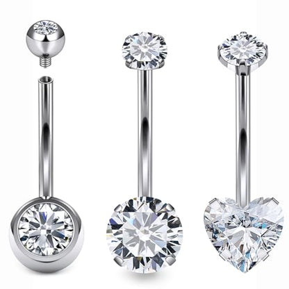 Belly Button Rings Surgical Steel Internally Threaded Belly Button Ring 10MM/12MM/14MM/16MM Navel Rings for Women Clear CZ 14G Long Bar Navel Piercing Jewelry - color: silvertone, size: 14mm bar length