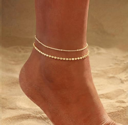 Gold Ankle Bracelets for women,14k Gold/Silver Plated Waterproof Layered lightweight Bow Beaded Twisted Chain Cross Butterfly Satellite Ankle Bracelets Set Gold Anklets for women Trendy Summer Beach Jewelry Gift for Women - style: 2 anklets dot flat oval-