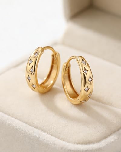 Gold Opal Huggie Earrings for Women, Minimalist Small Hoop Earrings with Zircons - color: gold star