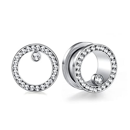 WBRWP 2pcs Hollow Gold Stainless Steel with Zircon Ear Plugs Tunnels - Ear Expander - Ear Gauges Stretcher Body Piercing Jewelry 8g-5/8 - color: 1pair with big zicron in silver color