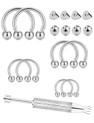 16G Horseshoe Septum Rings 6/8/10/12mm with Tool & Ball Grabber,Hypoallergenic for Nose,Rook,Cartilage,Helix,Lips-Silver Gold 316L Surgical Steel Septum Piercing jewelry - color: Horseshoe Ring 6-12mmBall/Point Tool