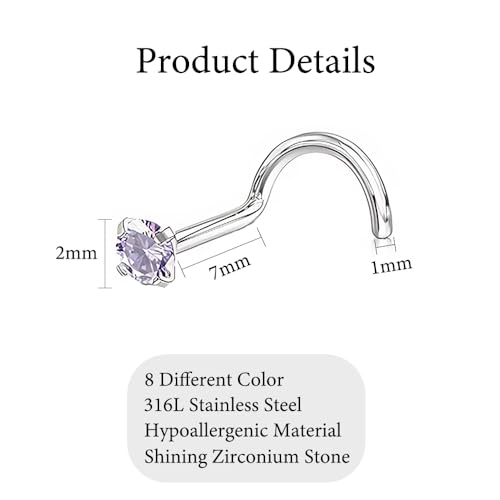 KAYLLE&KT Nose Rings for Women 8Pcs 18G Silver Hypoallergenic Stainless Steel Nose Studs Set Corkscrew Nose Piercing Imitation Diamond Jewelry