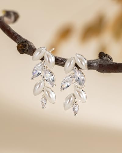 Pearl Earrings - 14K Gold/White Gold/Rose Gold Plated Cubic Zirconia CZ Diaomond Accented Pearl Drop Dangle Earrings for Women Wedding Bridal Prom - color: Silver leaf design