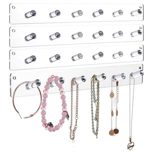 4 Pack Acrylic Necklace Holder – Wall Mounted Jewelry Organizer with 24 Hooks for Necklaces, Bracelets, Rings & Bangles, Clear Display Rack with Easy Installation (Screws & Tape Included)