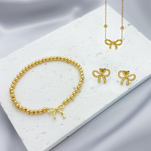 Gold Jewelry Set for Women Bow Necklace Bracelet Earrings Bowknot Jewelry | Small Bow Pendant Dainty Choker Necklaces 14K Gold Plated Beaded Stretch Bracelet Charm Christmas Thanksgiving Gifts