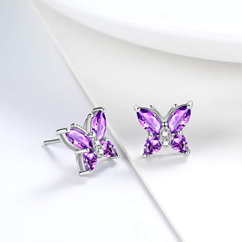Butterfly Birthstone Stud Earrings - Women 925 Sterling Silver Butterflies Birthstone Stud Earrings Birthday Gift for Women - color: B.February