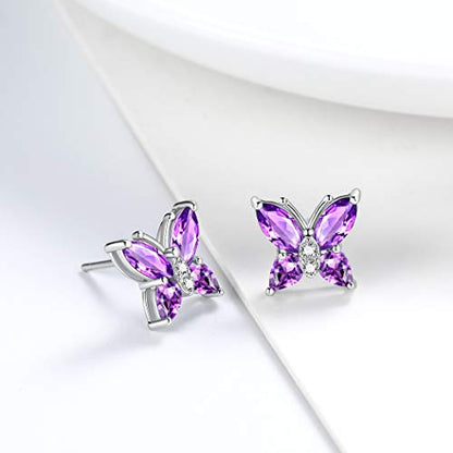 Butterfly Birthstone Stud Earrings - Women 925 Sterling Silver Butterflies Birthstone Stud Earrings Birthday Gift for Women - color: B.February