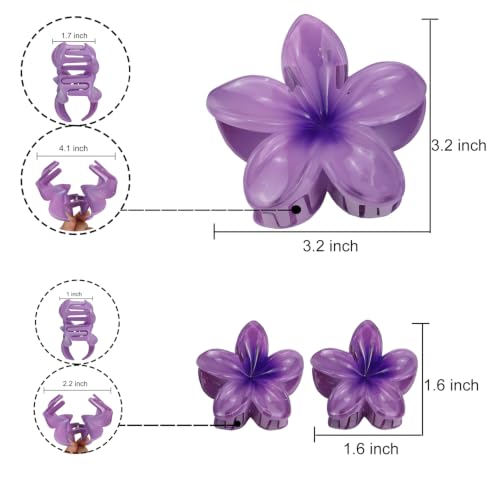 Flower Hair Claw Clip Set,1 Pc Large and 2 Pcs Small Hawaiian Plumeria Claw Clips,Beach Tropical Hair Accessories for Women (Purple) - color: Purple