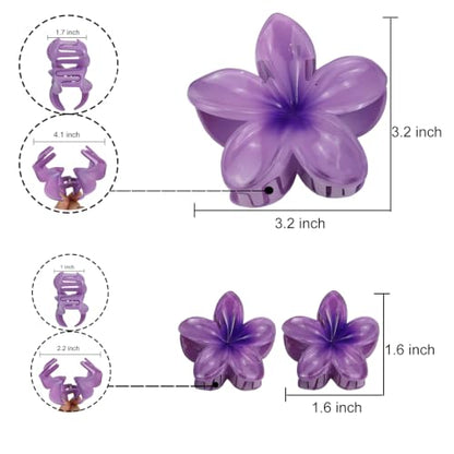 Flower Hair Claw Clip Set,1 Pc Large and 2 Pcs Small Hawaiian Plumeria Claw Clips,Beach Tropical Hair Accessories for Women (Purple) - color: Purple